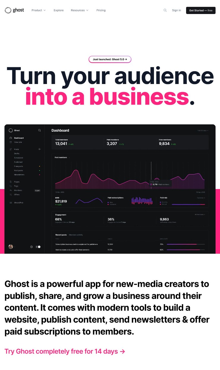 Ghost — website design on Landdding