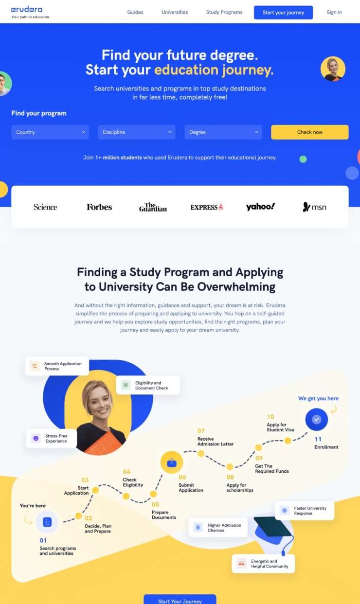 Erudera - Your path to education — website design on Landdding