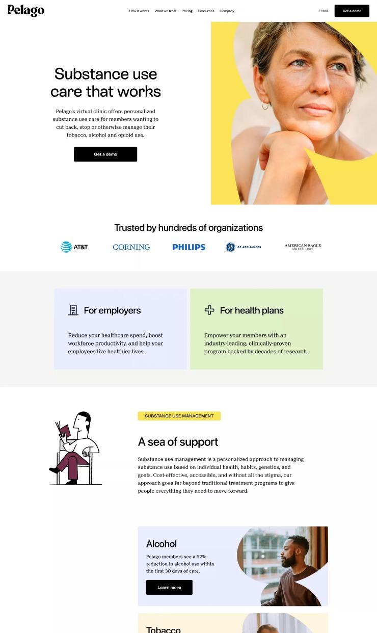 Pelago | Virtual clinic for substance use management — website design on Landdding