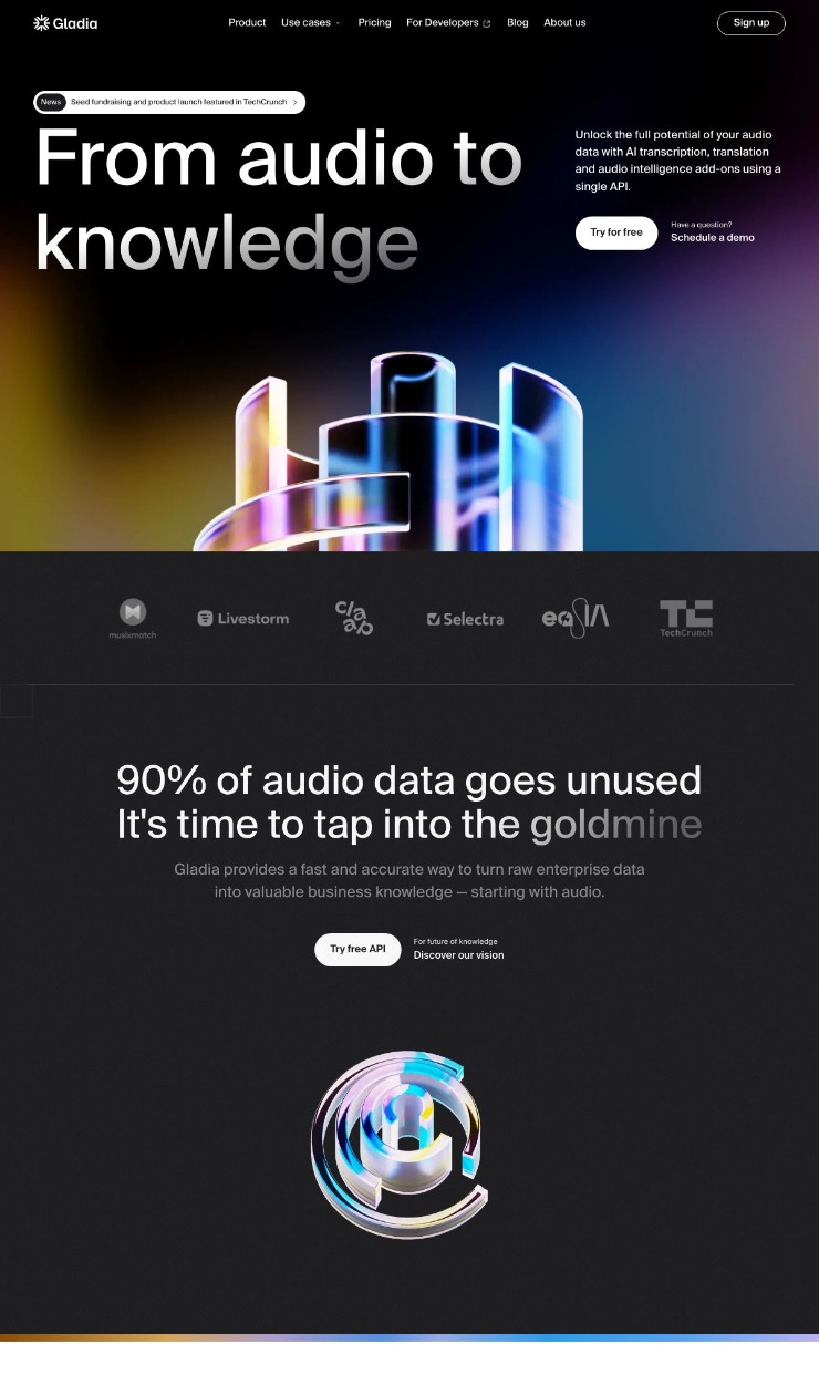 Gladia - From audio to knowledge — website design on Landdding