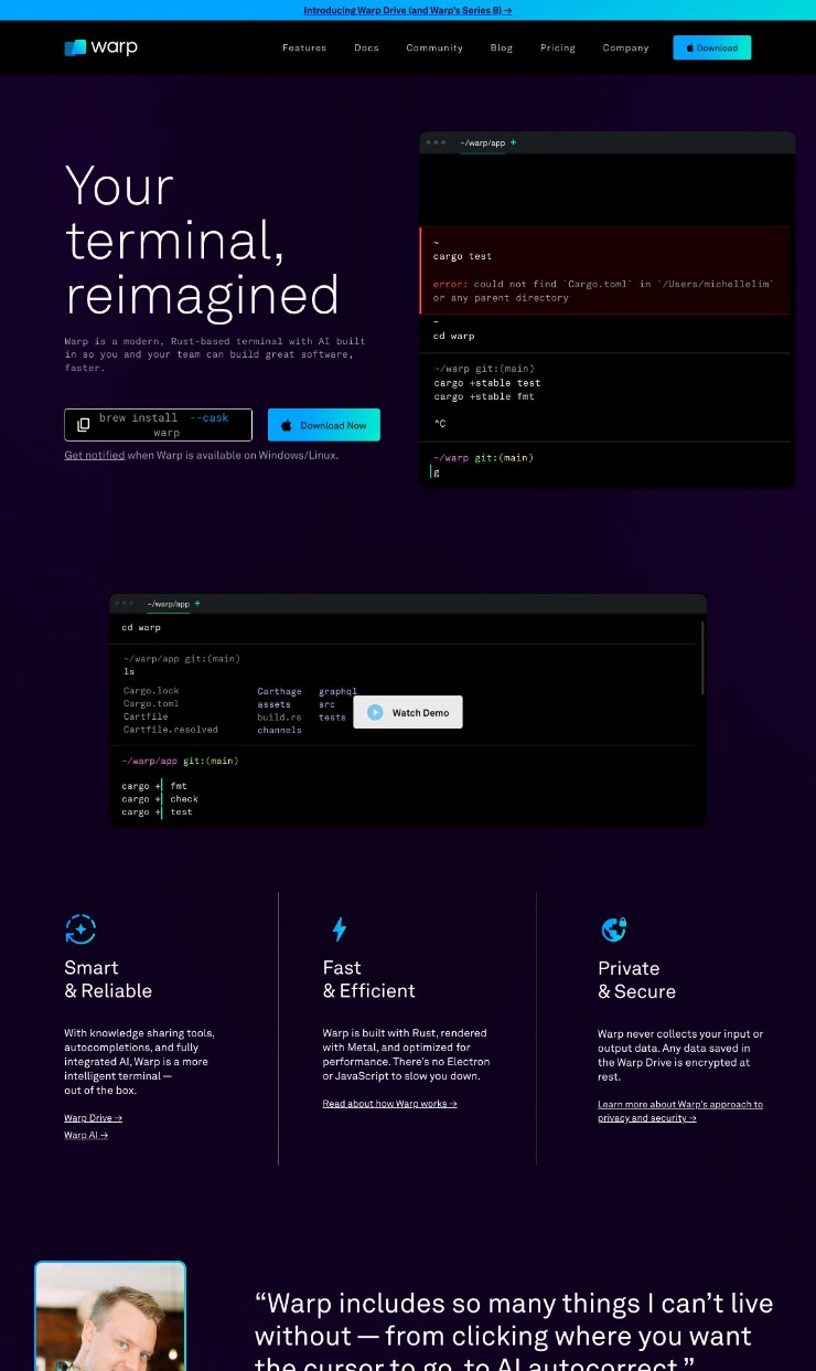 Warp Terminal — website design on Landdding