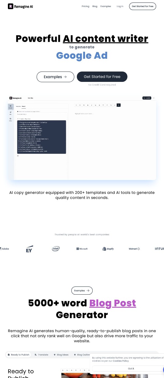 Remagine AI: Content Writer & Marketing Copy Generator — website design on Landdding