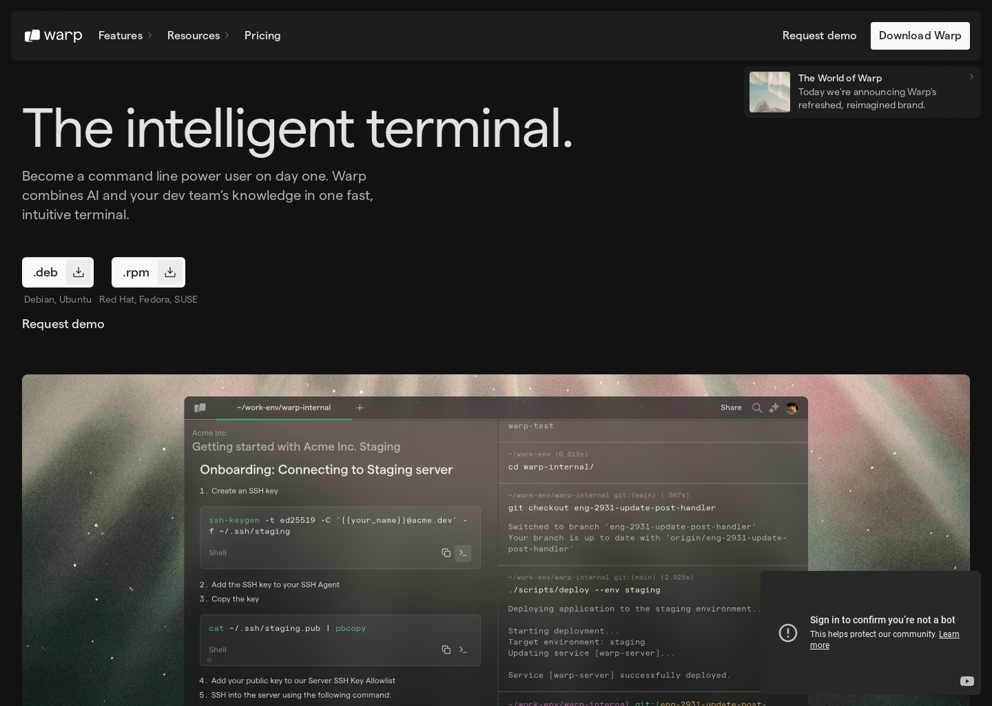 Warp: The intelligent terminal — website design on Landdding