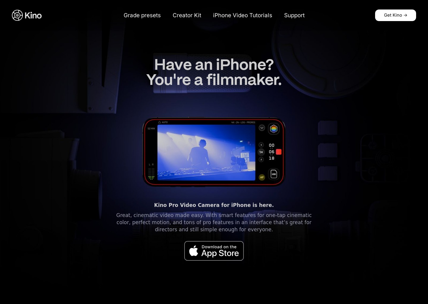 Kino — Pro Video Camera for iPhone — website design on Landdding