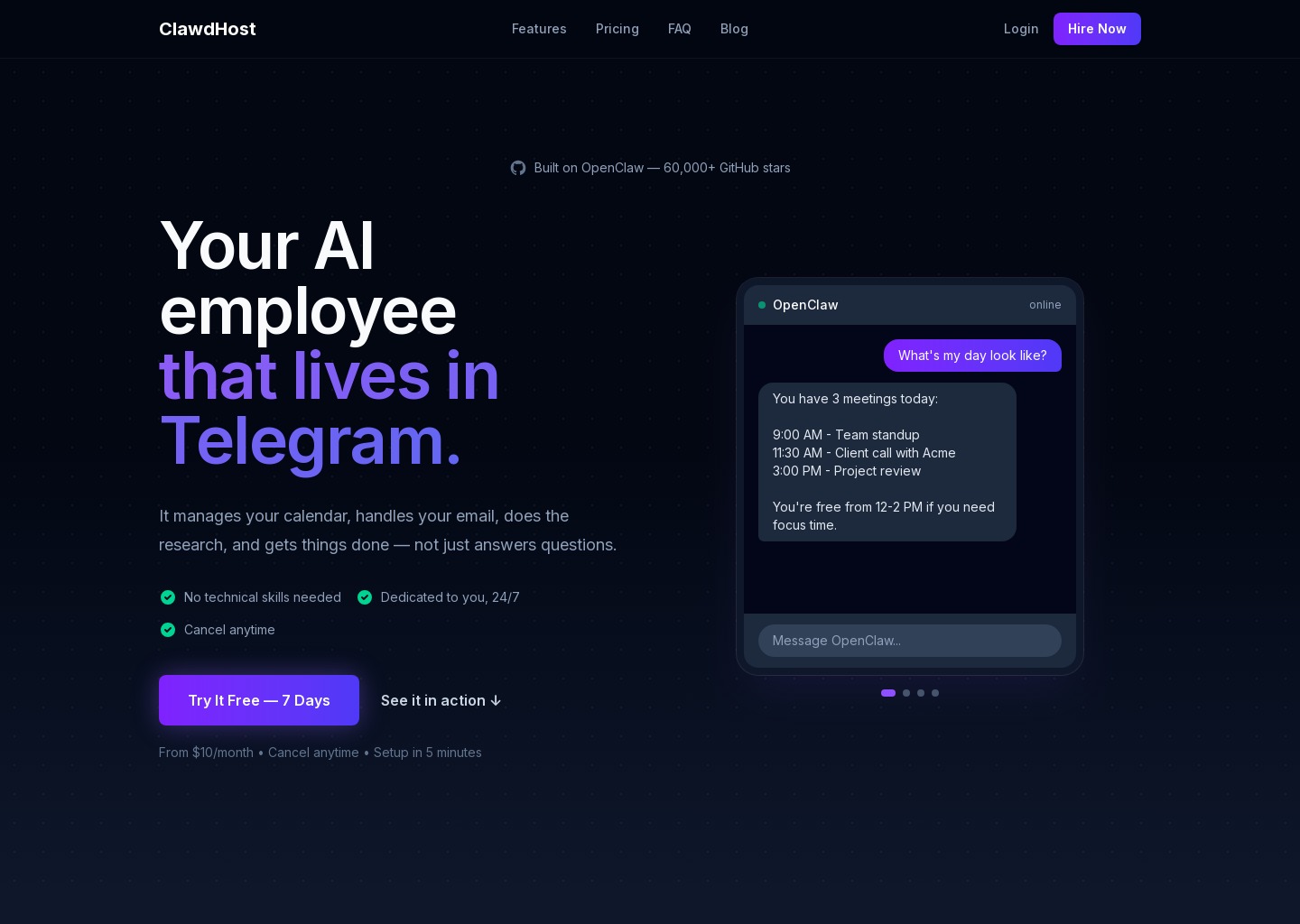 ClawdHost — Your AI Employee on Telegram — website design on Landdding
