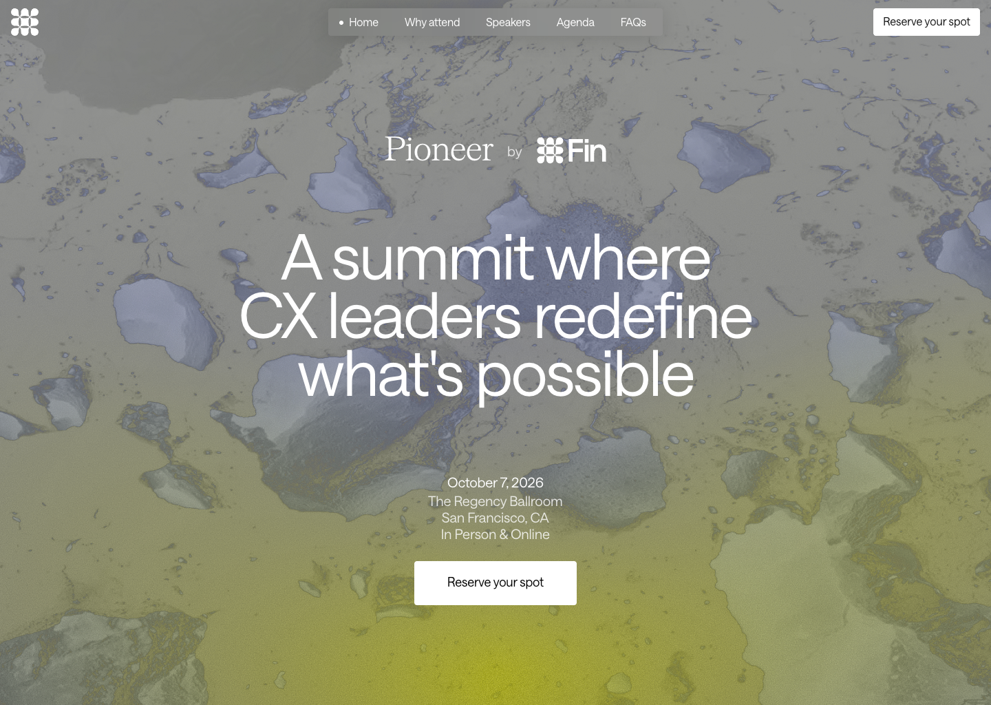 Pioneer by Fin | A summit where CX leaders redefine what's possible — website design on Landdding