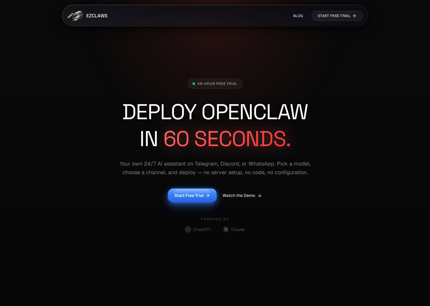 EZClaws — Your Personal AI Agent, Live in 60 Seconds — website design on Landdding