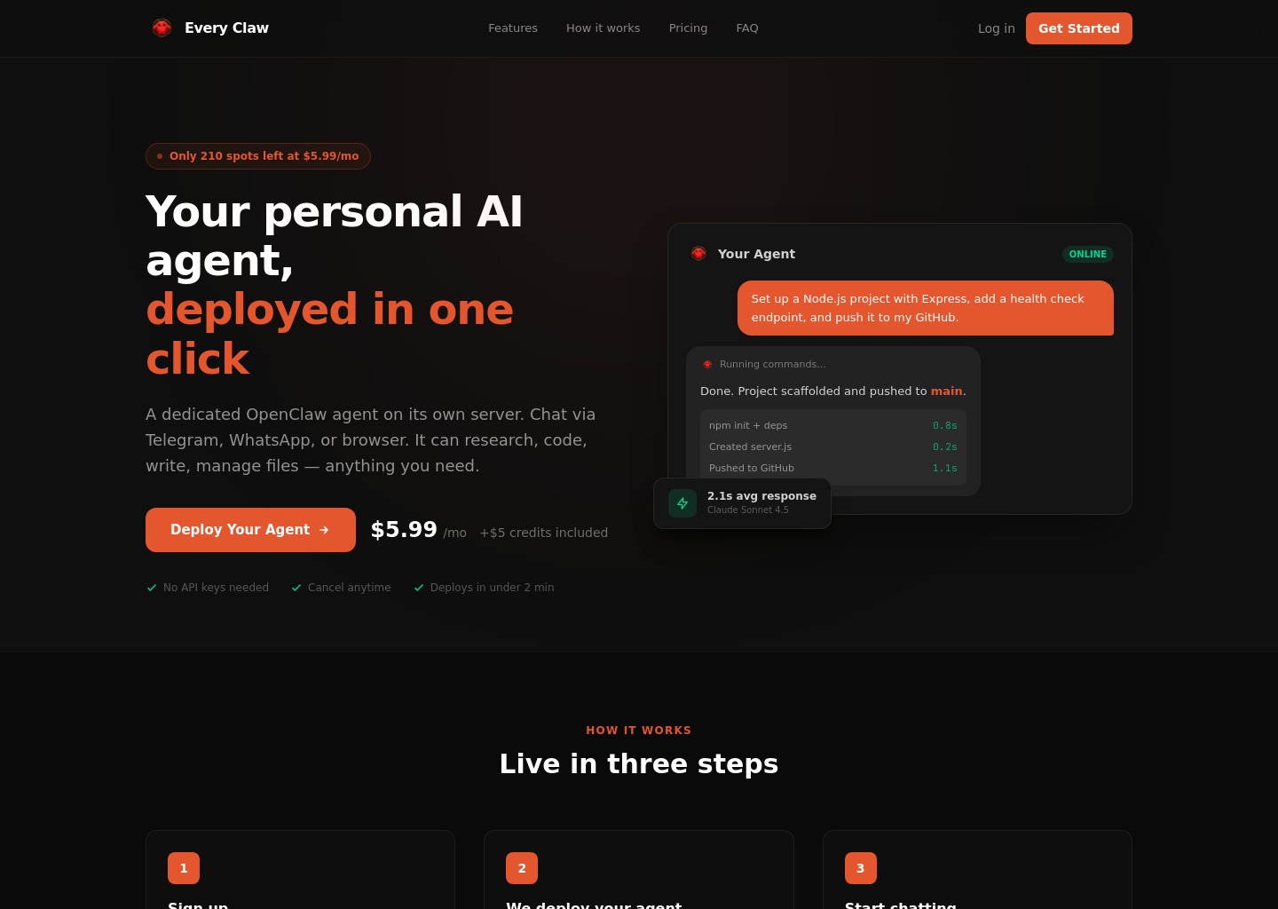 Every Claw | One-Click Hosted Agents — website design on Landdding