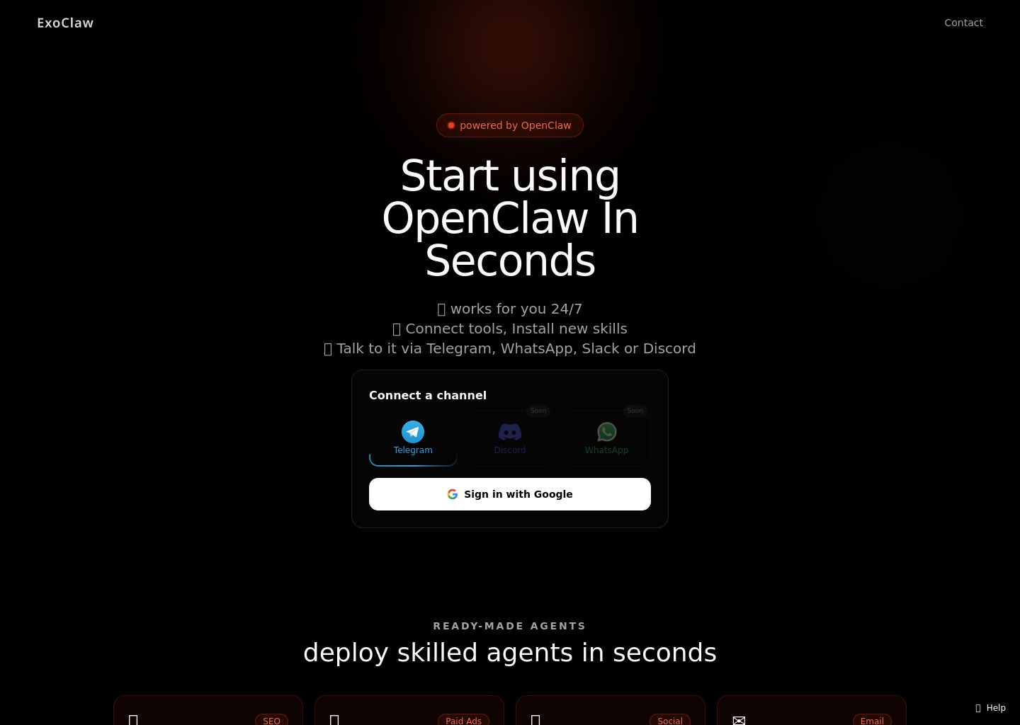 ExoClaw — Deploy OpenClaw agents in seconds — website design on Landdding