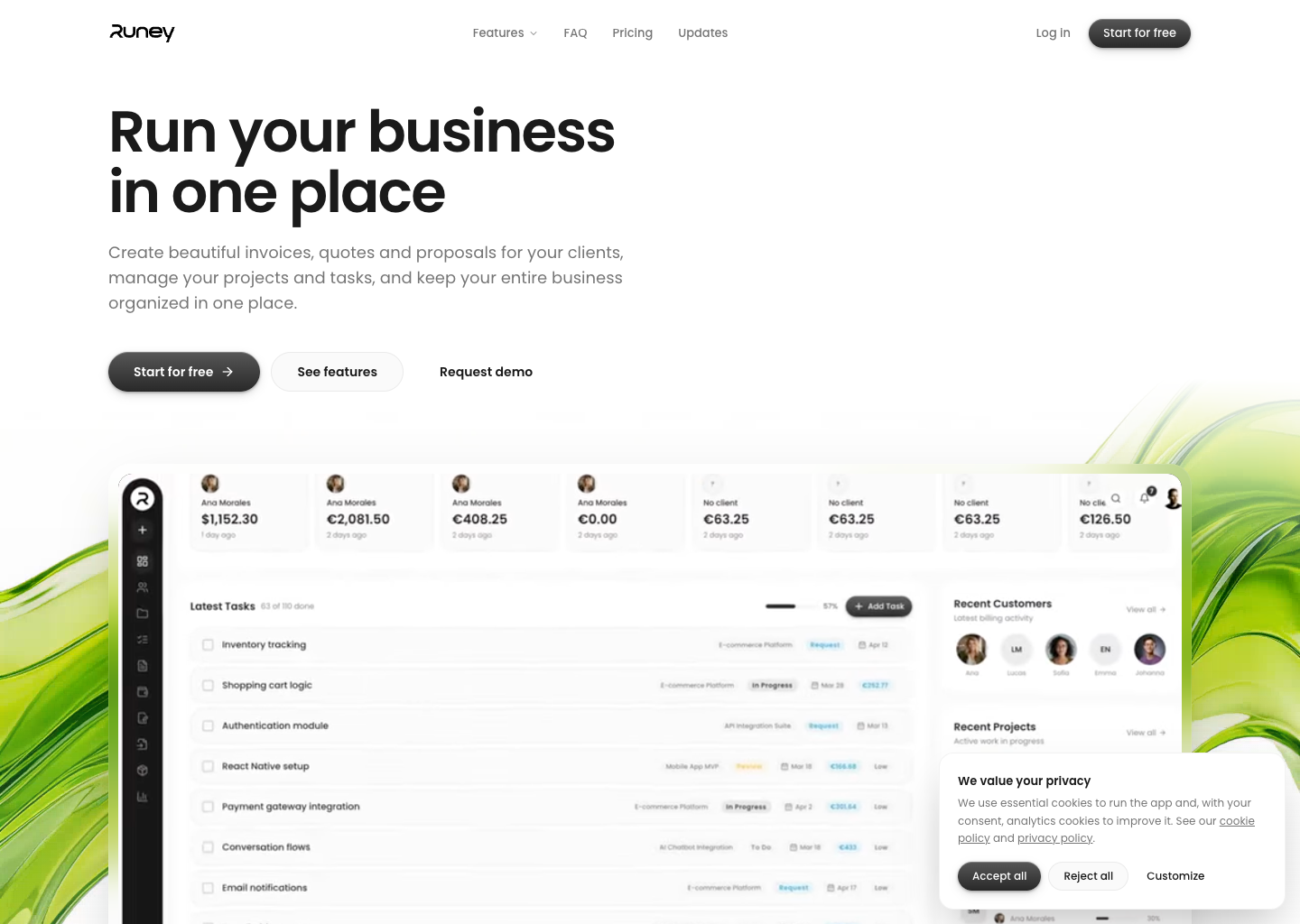 Runey — Invoices, Projects & Clients in One Place — website design on Landdding