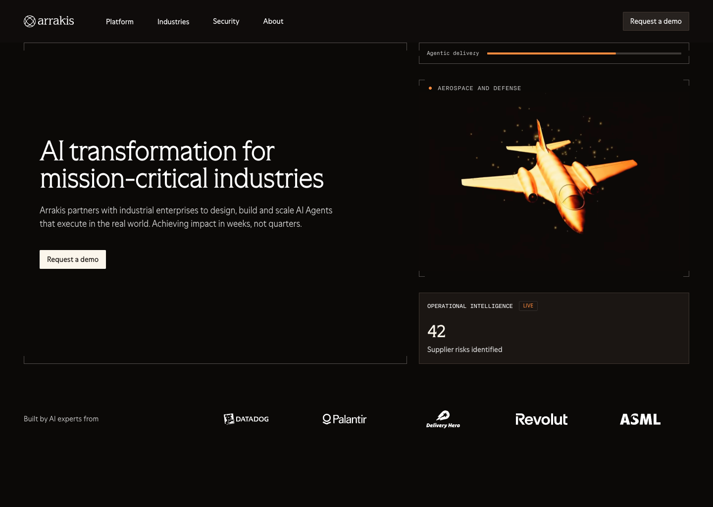 AI transformation for mission-critical industries | Arrakis — website design on Landdding