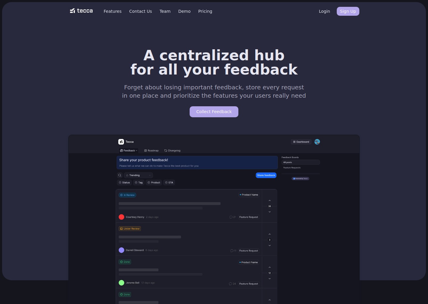 Tecca - A centralized hub for all your feedback — website design on Landdding