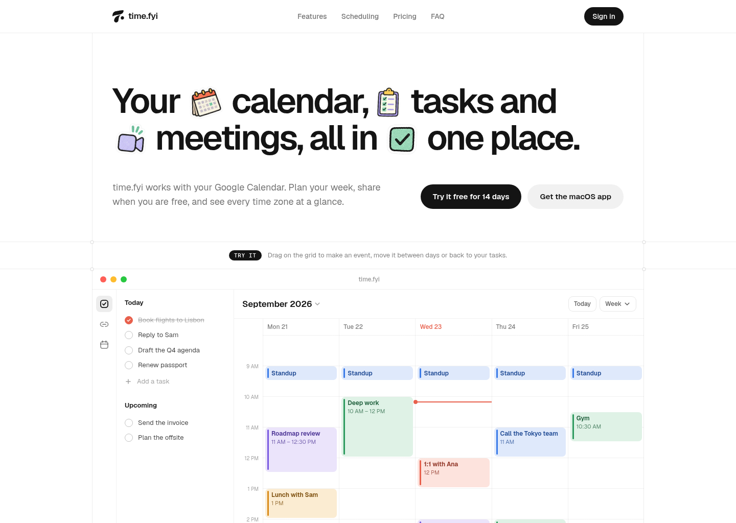 time.fyi - calendar, tasks and booking links for Google Calendar — website design on Landdding