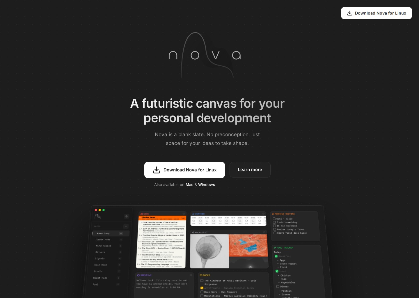 Nova — A futuristic canvas for your personal development — website design on Landdding