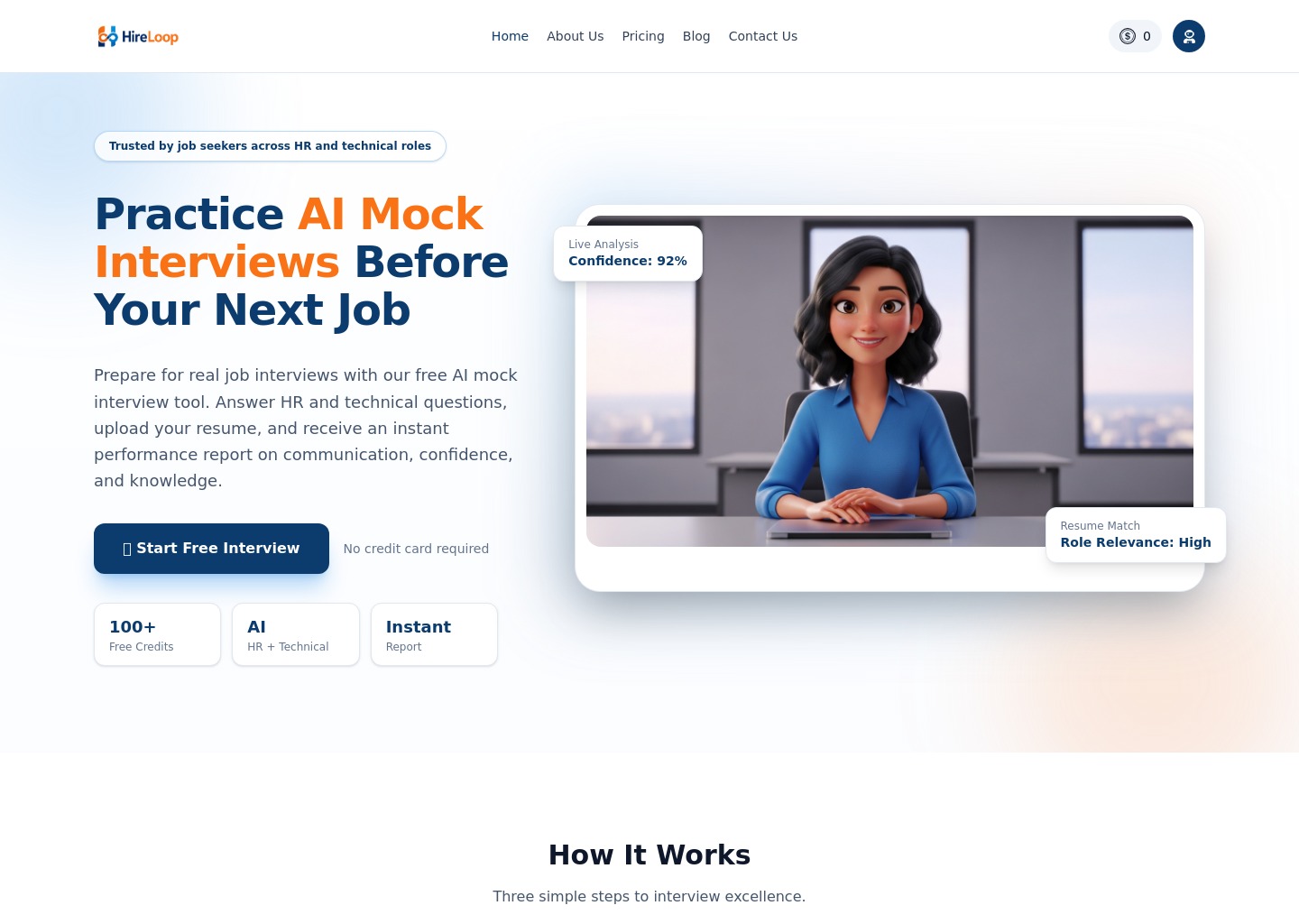 Free AI Mock Interview Tool for Job Preparation | Hireloop — website design on Landdding