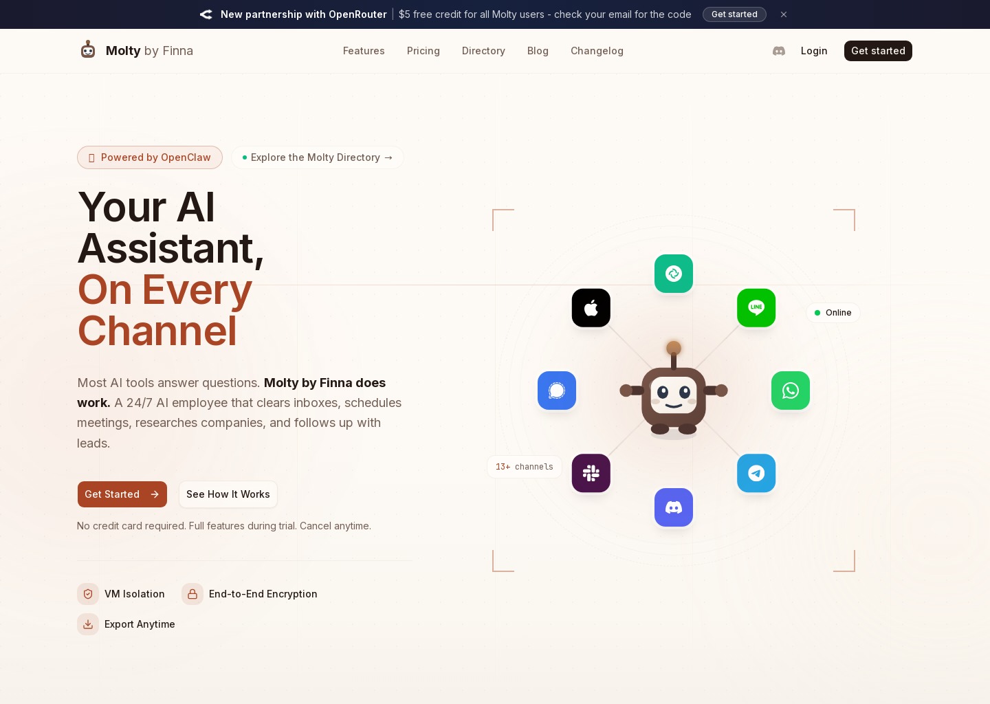 Molty by Finna - Your AI Assistant, On Every Channel — website design on Landdding