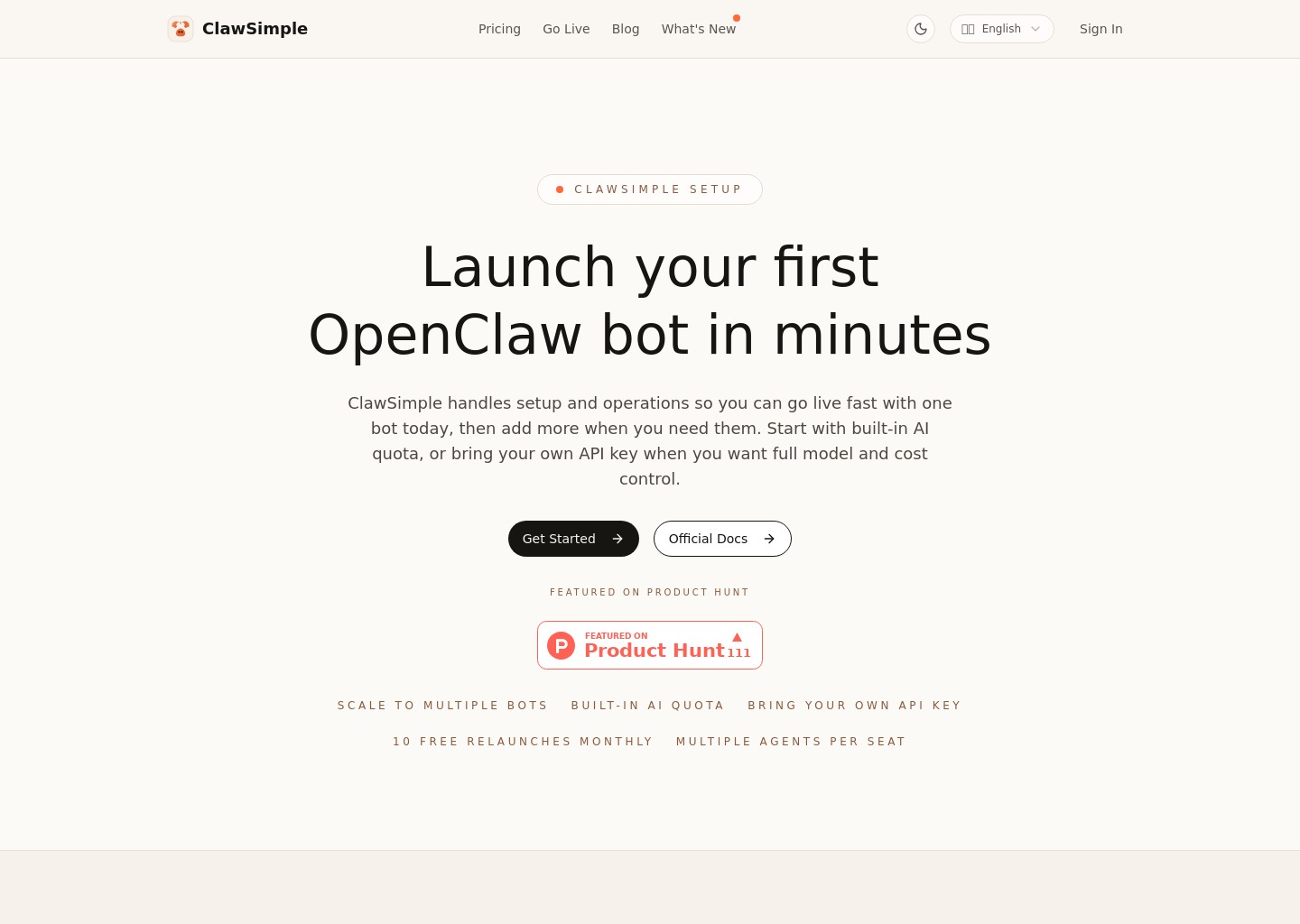 ClawSimple - Managed OpenClaw Hosting (Single or Multi-Bot) — website design on Landdding