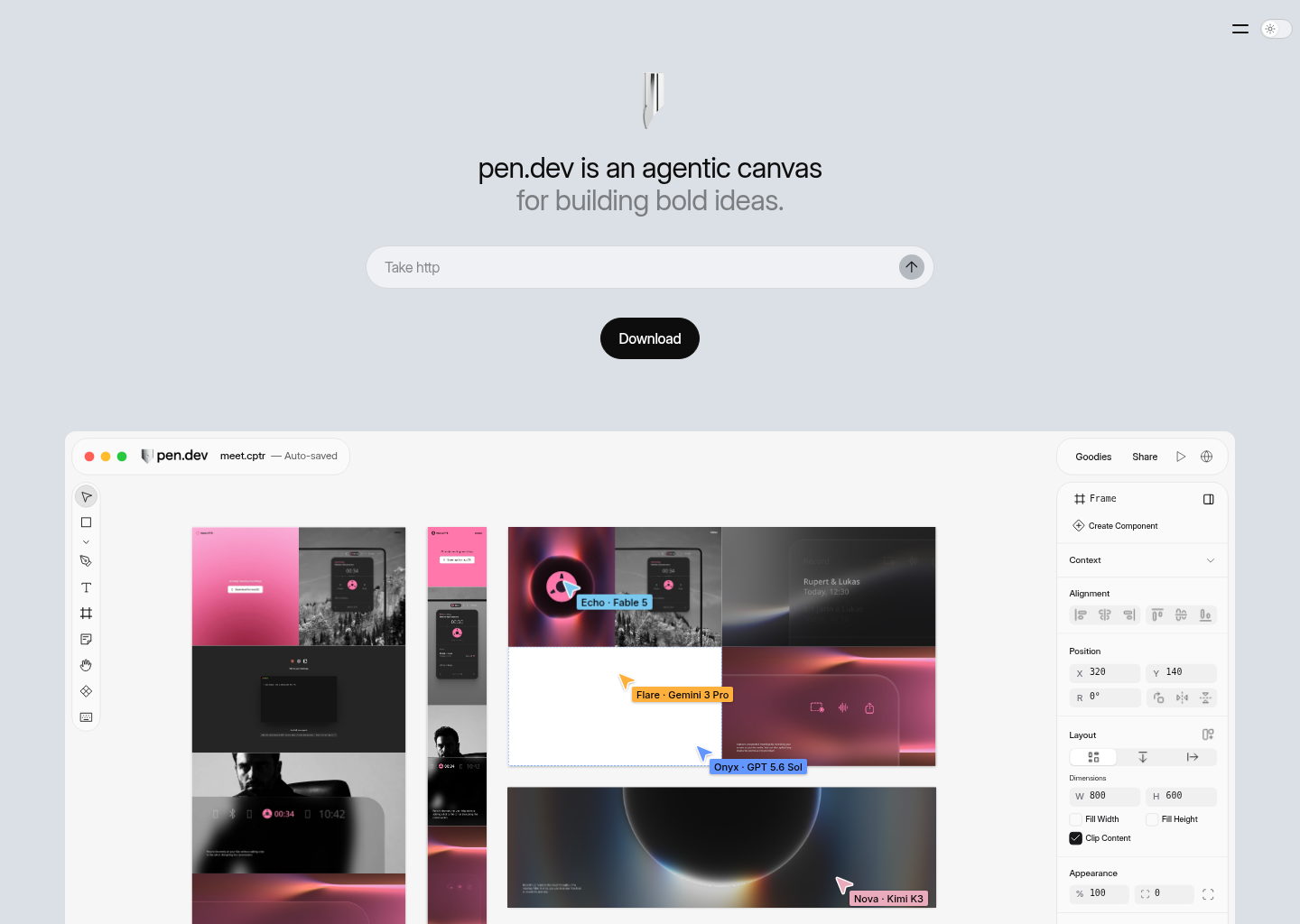 pen.dev – An agentic canvas for building bold software — website design on Landdding