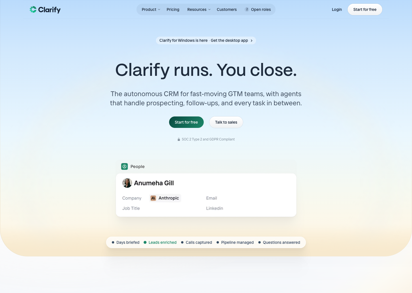 Clarify - The autonomous CRM for founder-led startups — website design on Landdding