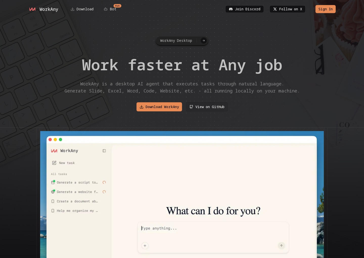WorkAny - Desktop Agent for Any Task — website design on Landdding